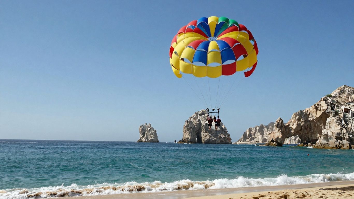 Parasailer flying over Cabo waters near the Arch.