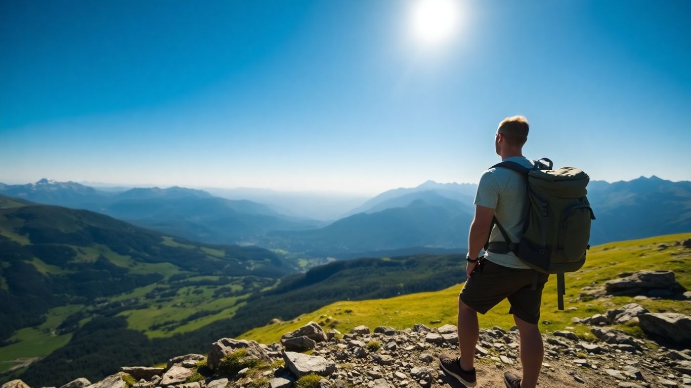 Bergwanderer genießt Alpenpanorama auf sonnigem Bergpfad.