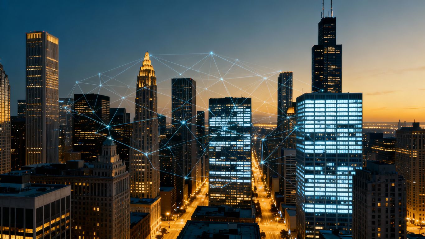 Chicago skyline with digital network overlay