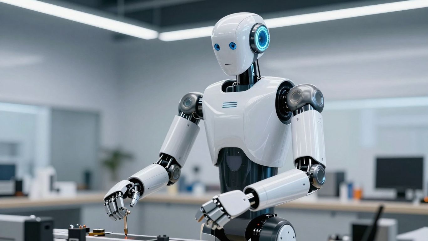 Humanoid robot working in a modern workshop.