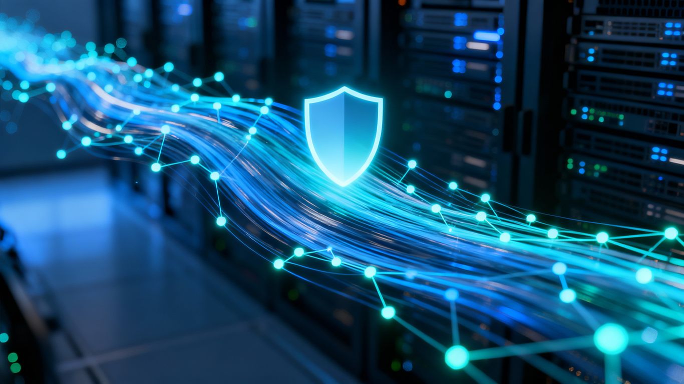 Digital streams, network nodes, servers, and shield icon.