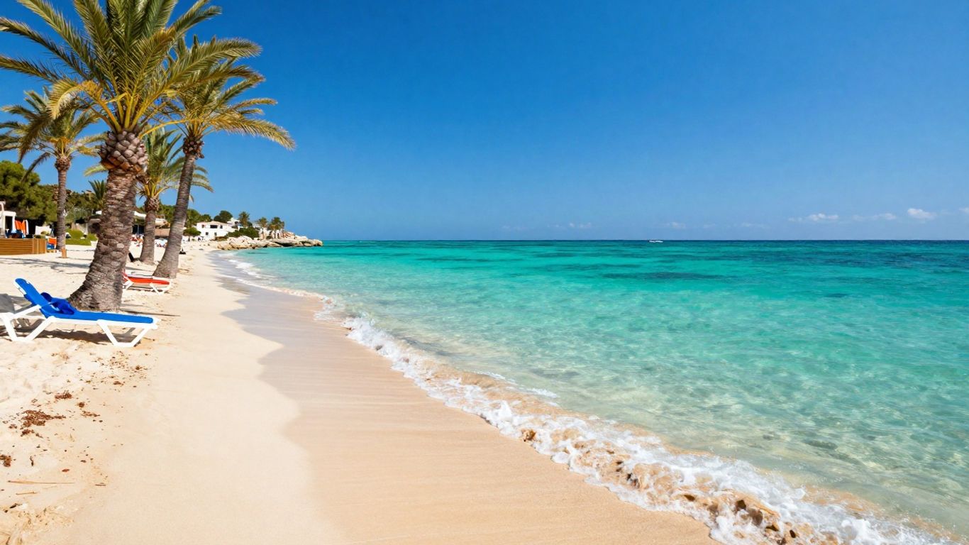 Strand met turquoise water en palmbomen op Mallorca