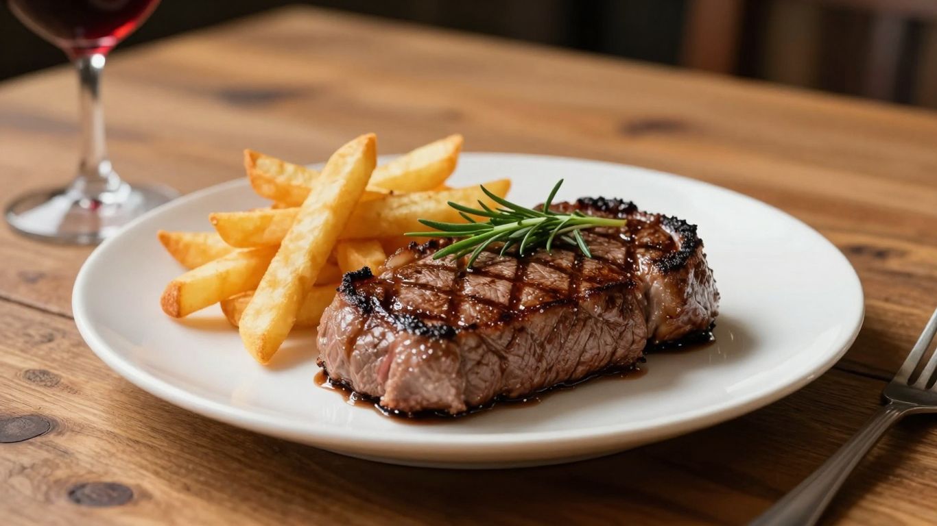 Juicy seared steak with herbs and fries on a wooden table.