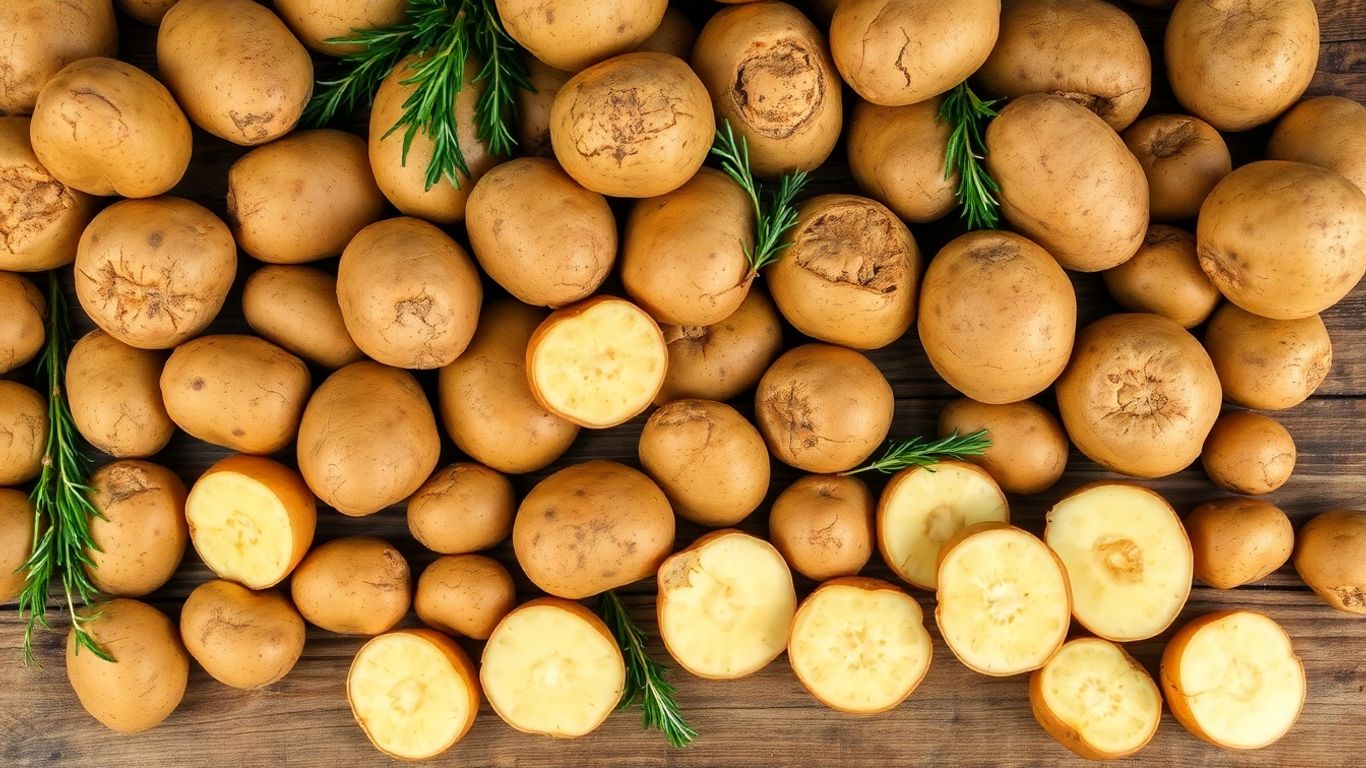 Biologische aardappelen op een rustieke tafel met kruiden.
