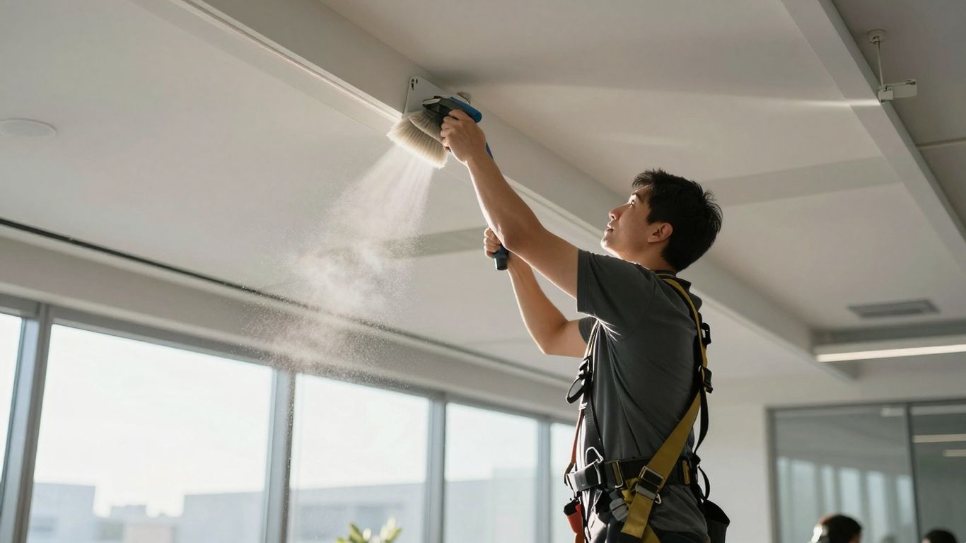 Cleaner dusting high beams in a modern office.