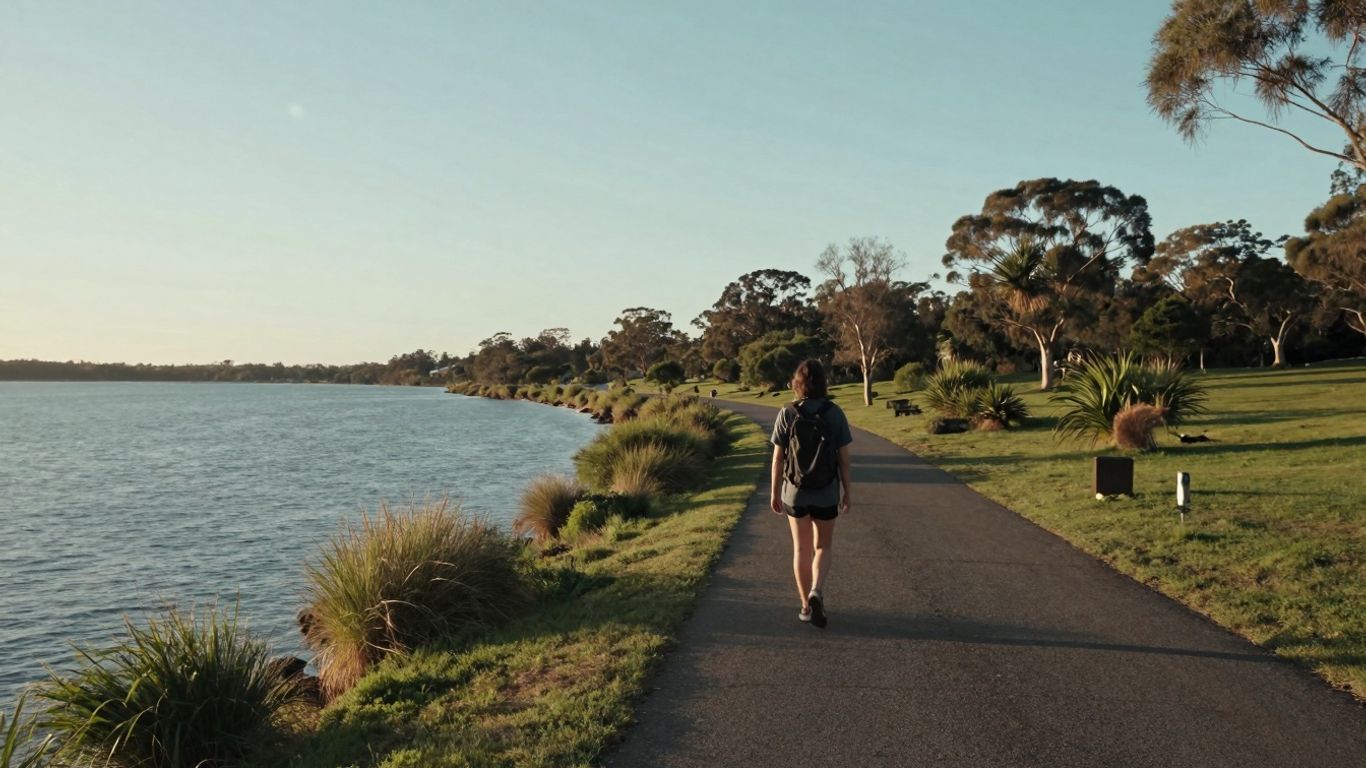 Person walking on path, sunrise, Australian nature.