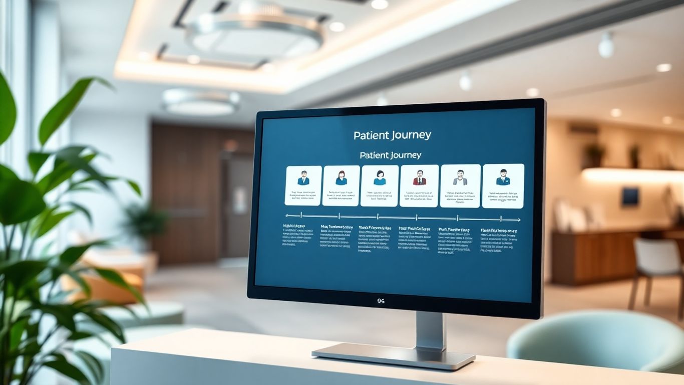 Clinic automation workflow with patient journey on screen.