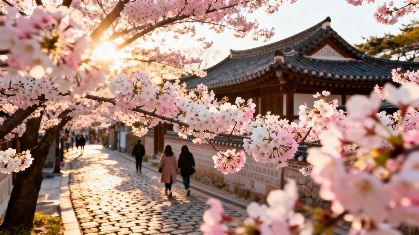Seoul street lined with blooming cherry blossom trees.
