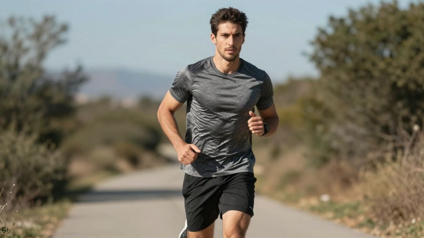 Corredor em movimento com expressão determinada ao ar livre.