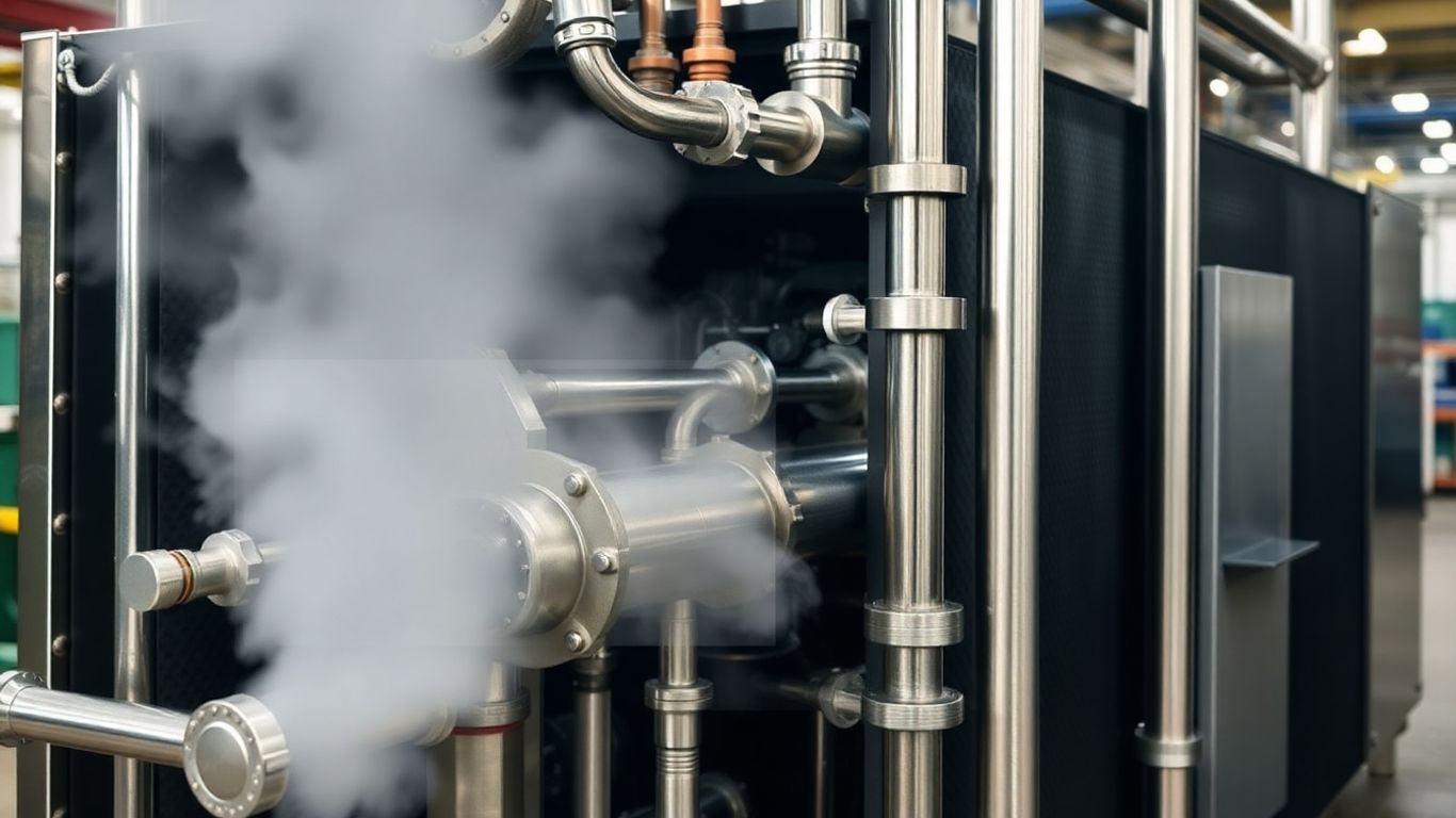 Industrial thermic fluid heater with pipes and steam.