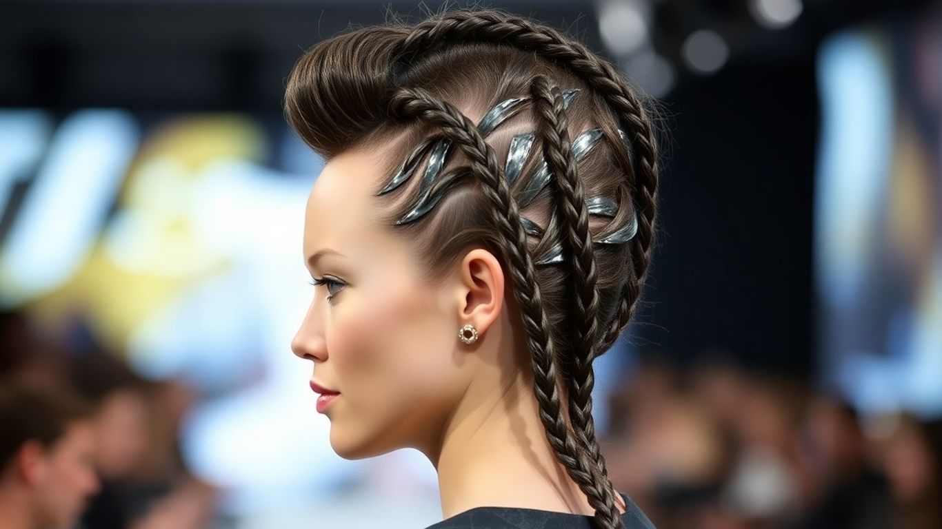 Model with avant-garde metallic braided hair at fashion week.