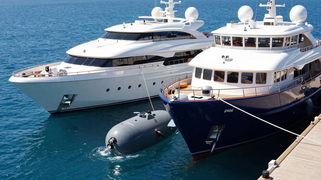 Mega-yacht and explorer boat with submersible toy.