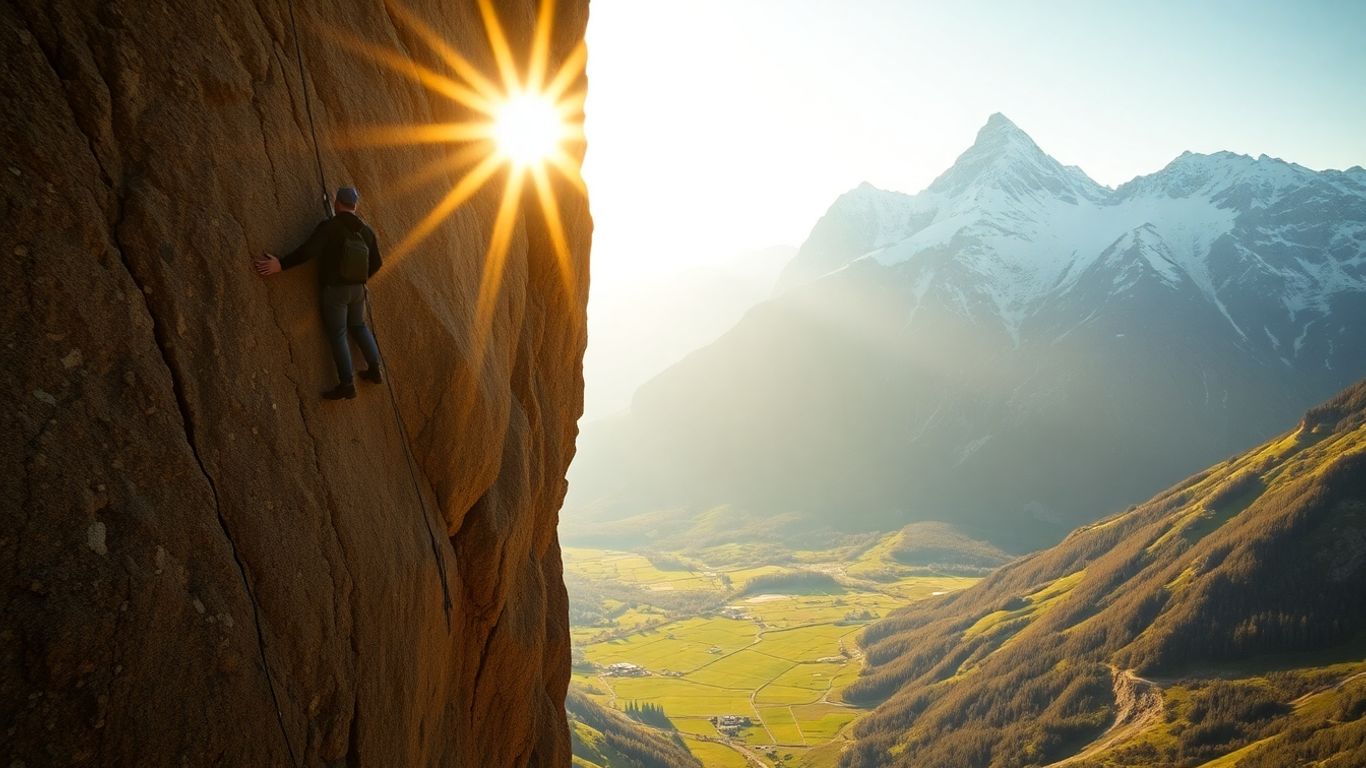 Climber on a sunlit rock face with majestic Alps.