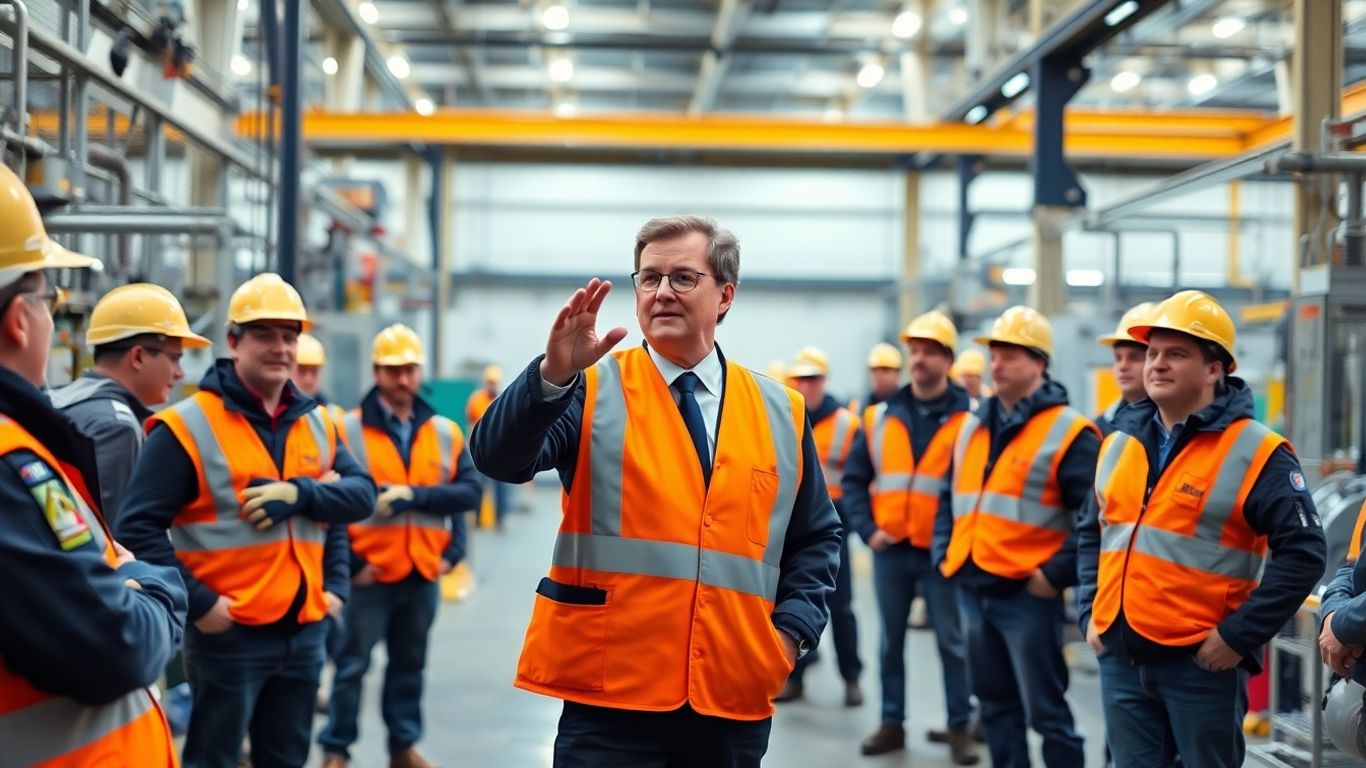 Ministre français dans une usine moderne.