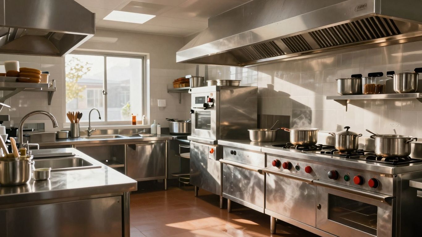 Modern commercial kitchen with stainless steel appliances and prep stations.