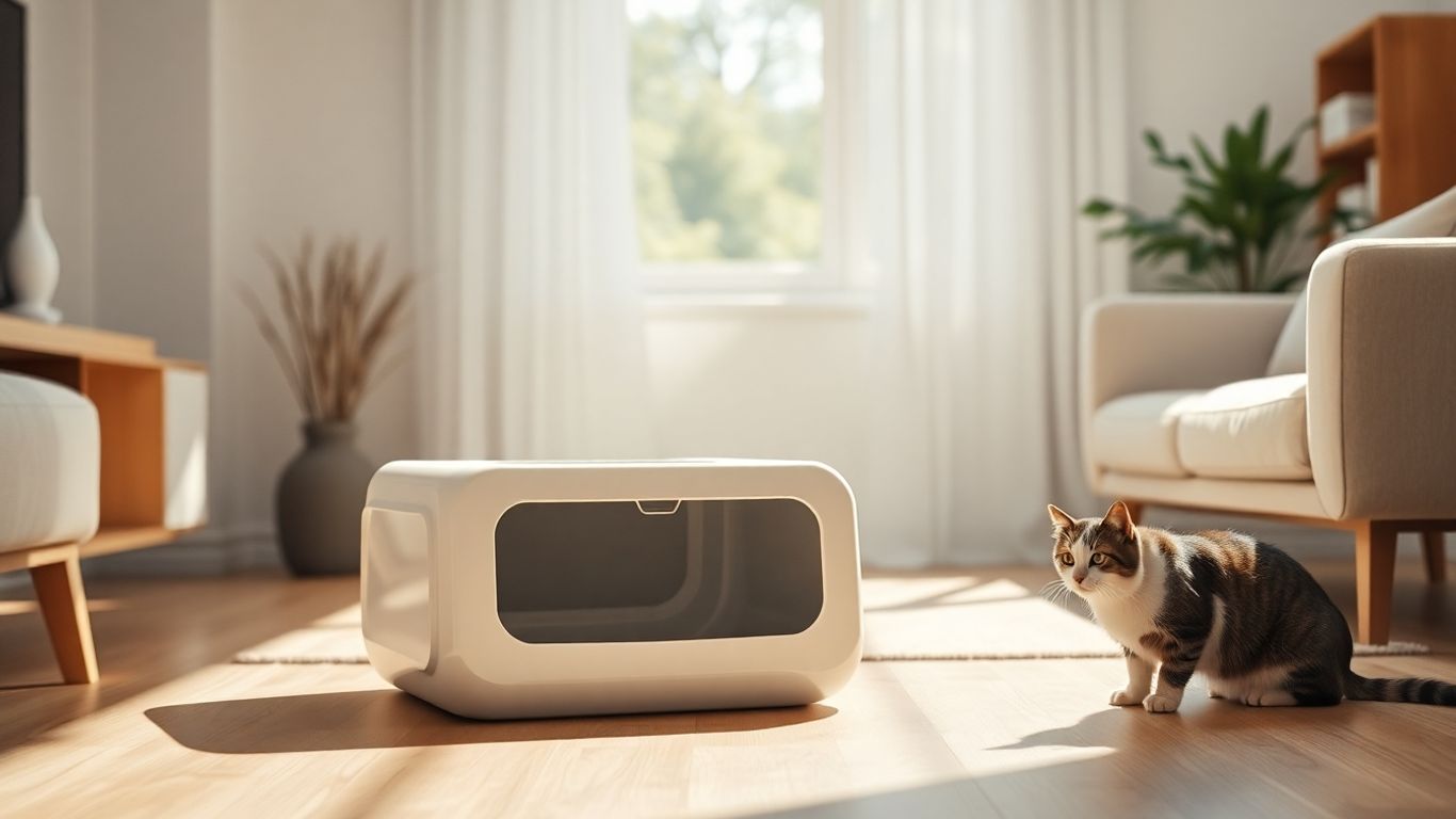 Modern cat litter box in a stylish, sunlit room.