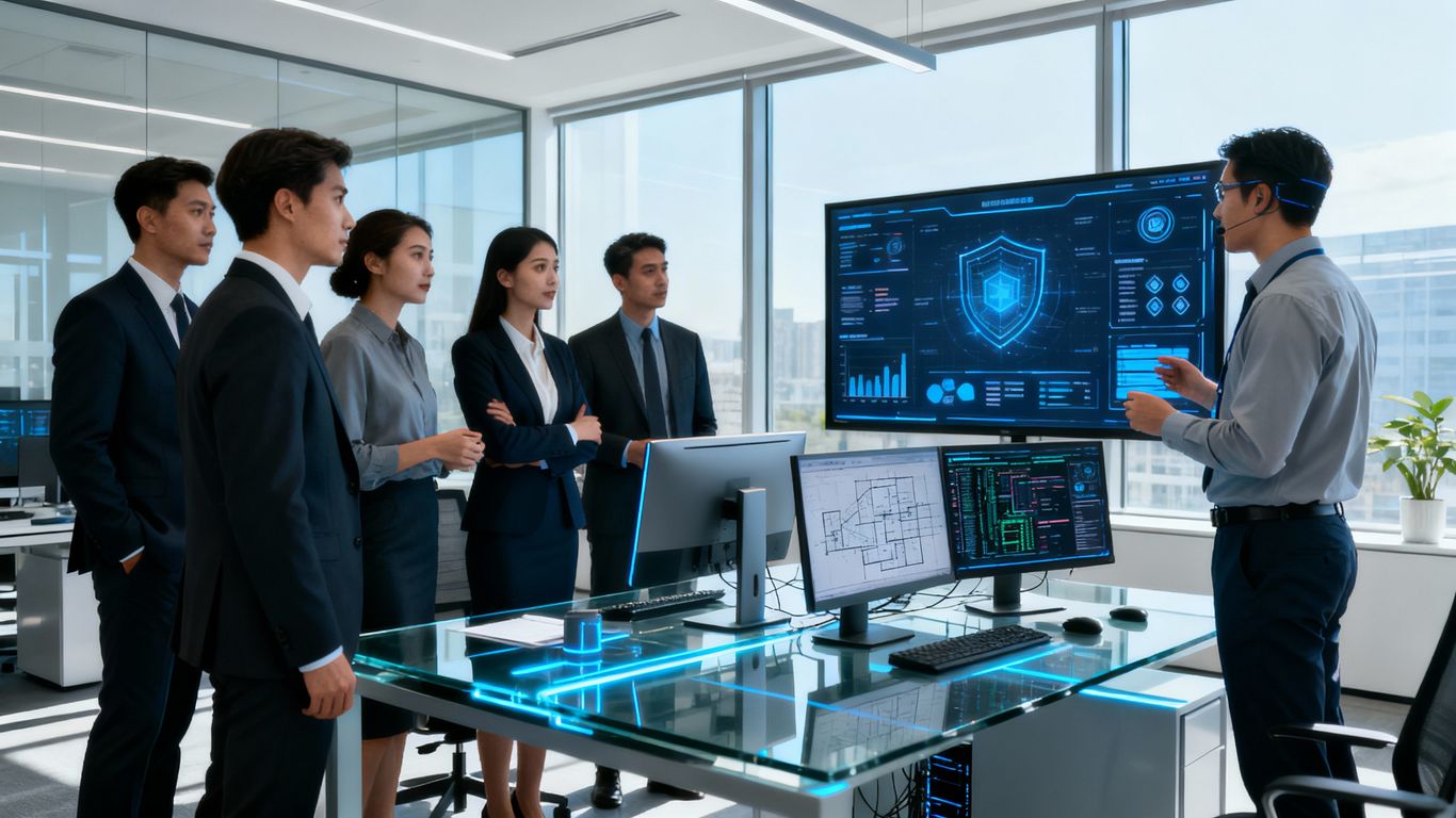 Business team consulting IT specialist in modern office