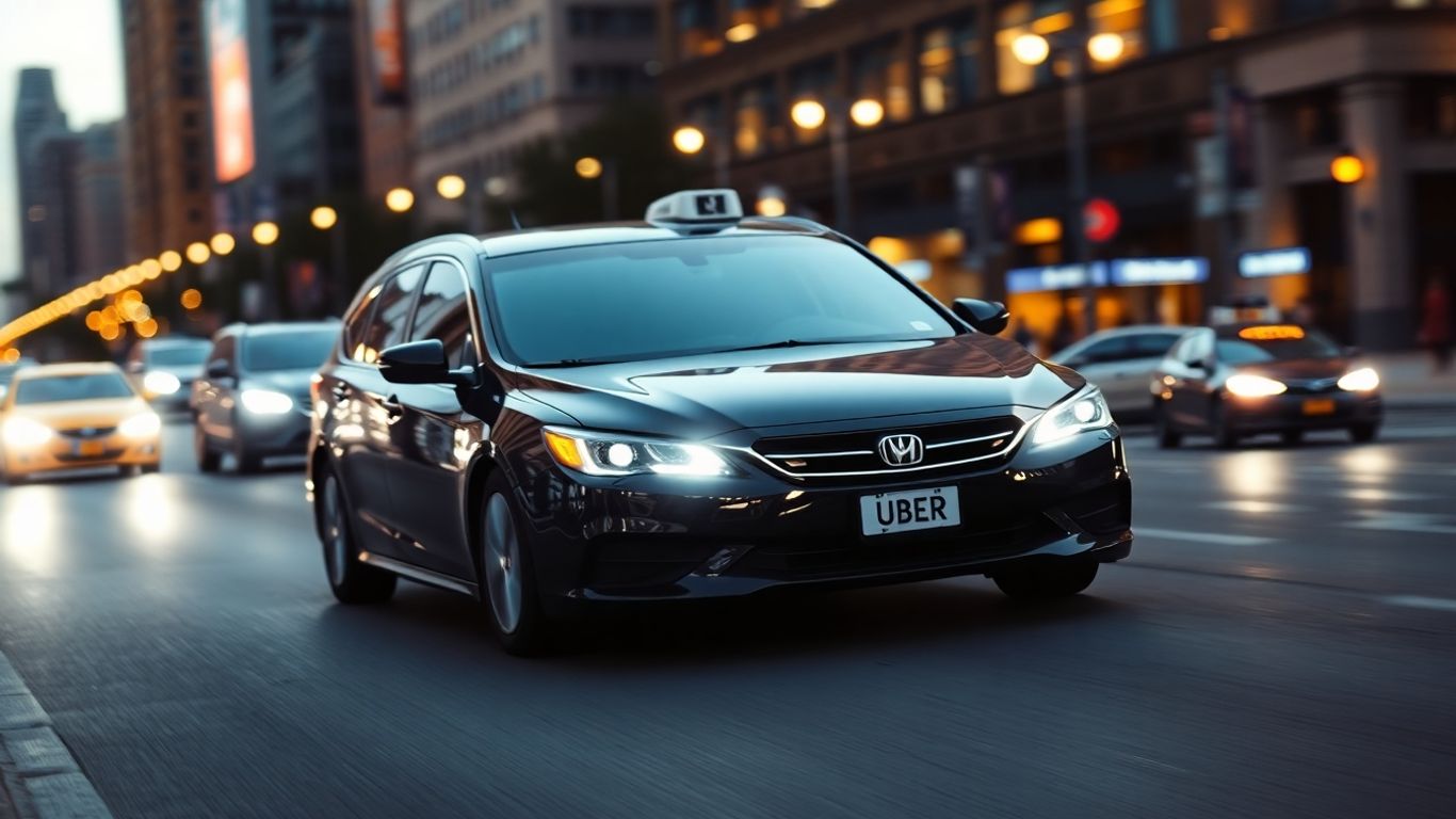 Carro Uber em movimento na cidade à noite.