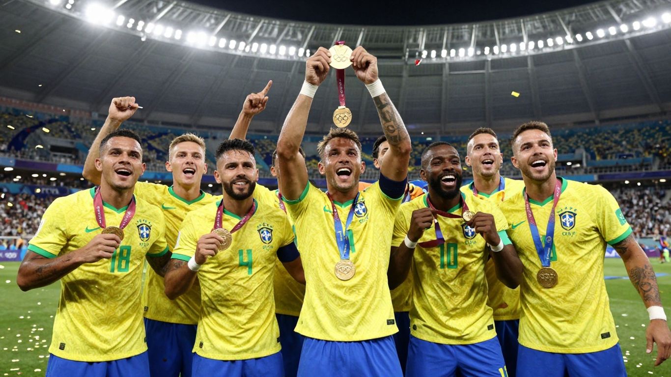 Brazil wins Olympic soccer gold medal celebration.