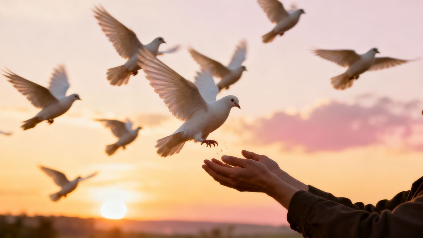 Hands releasing doves into a sunset sky.