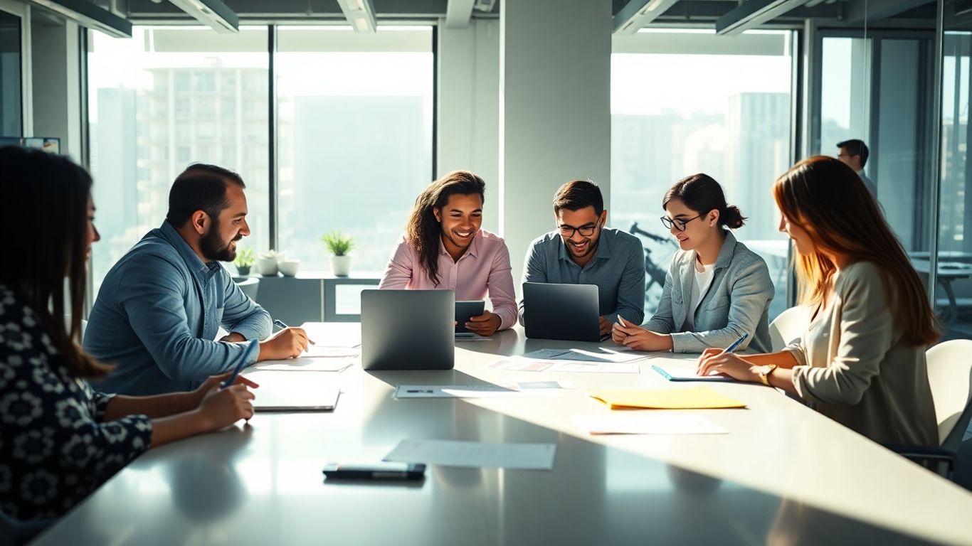 Orang-orang berdiskusi tentang peluang kerja pemasaran digital.