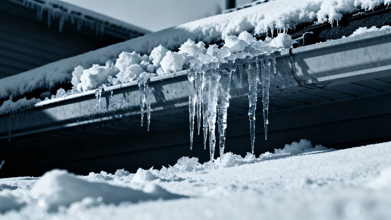 Icicles hanging from clogged gutters in winter.