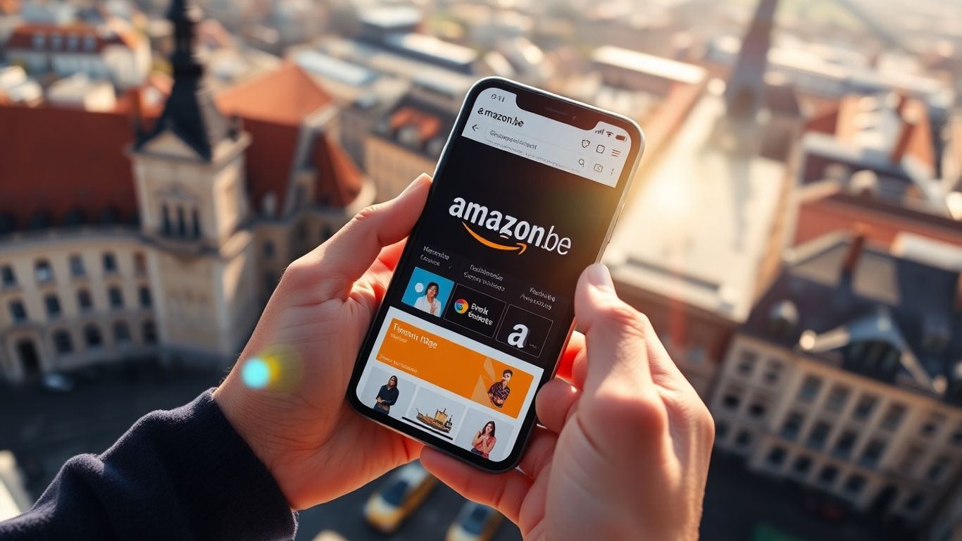 Amazon.be shopping on a smartphone with Belgian cityscape.