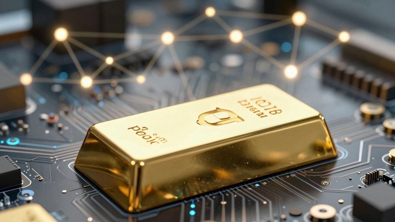 Barre d'or numérique sur fond technologique abstrait.