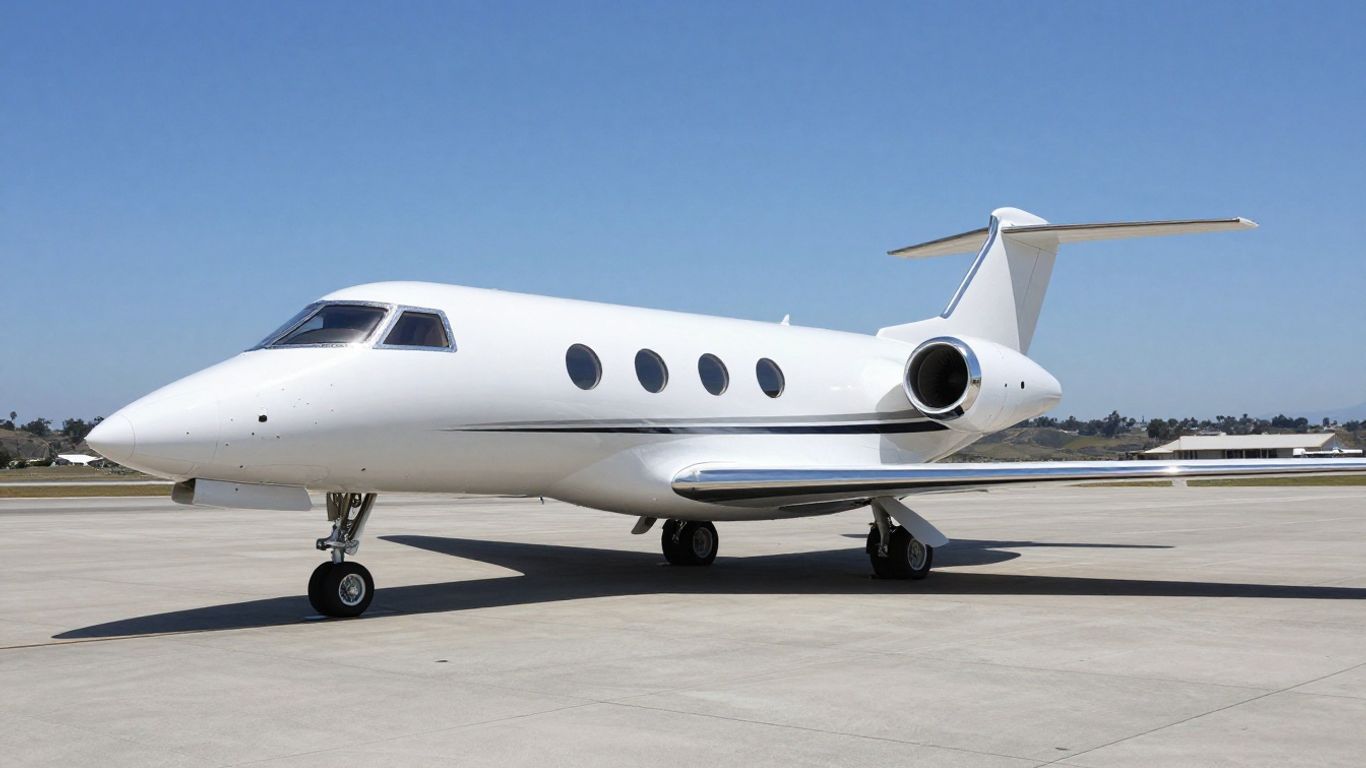 Private jet on tarmac, Orange County backdrop.