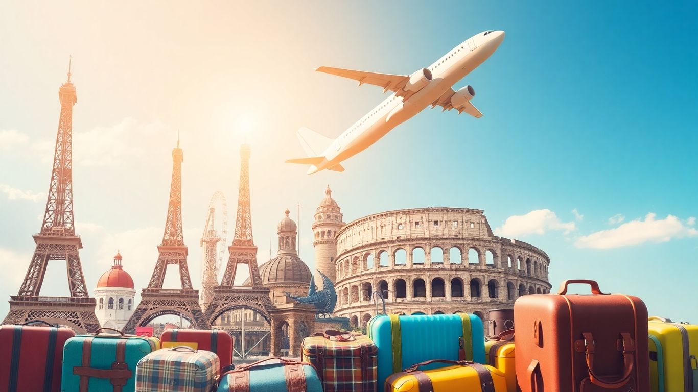 Cheap flights from London to Europe with airplane and landmarks.
