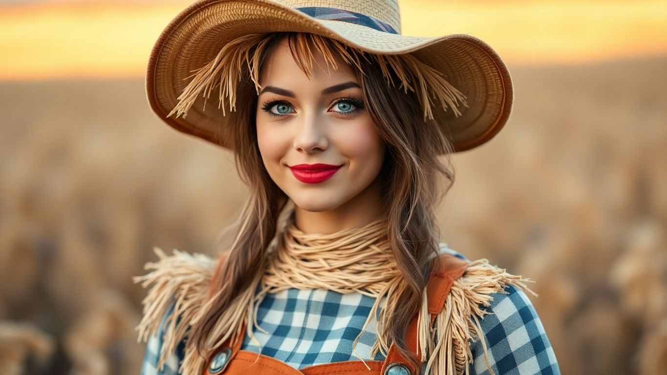 Woman in a DIY scarecrow Halloween costume
