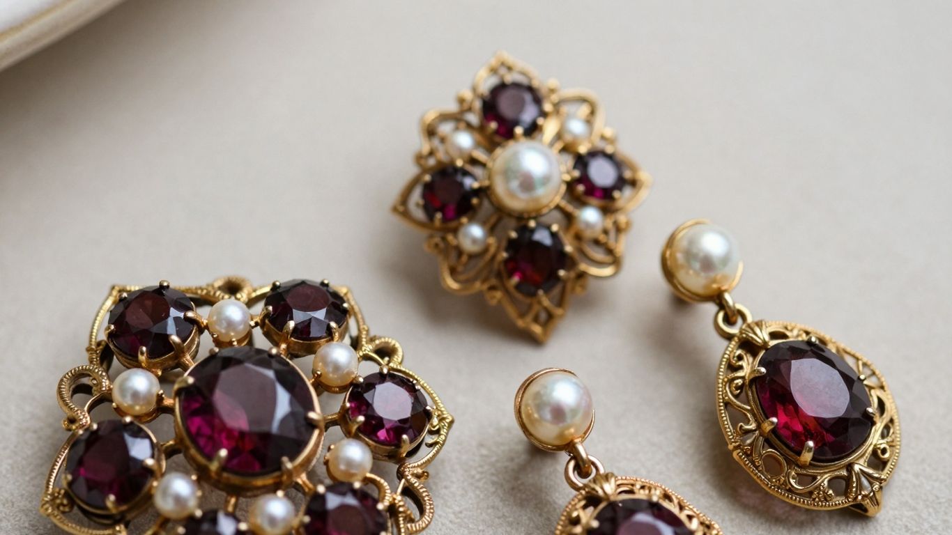 Intricate Victorian jewellery with garnets and pearls.