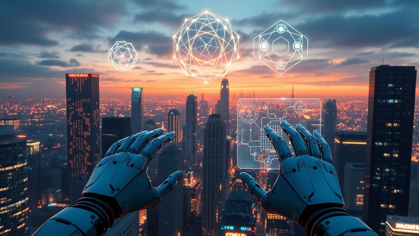 Futuristic AI cityscape with glowing circuits and robotic hands.