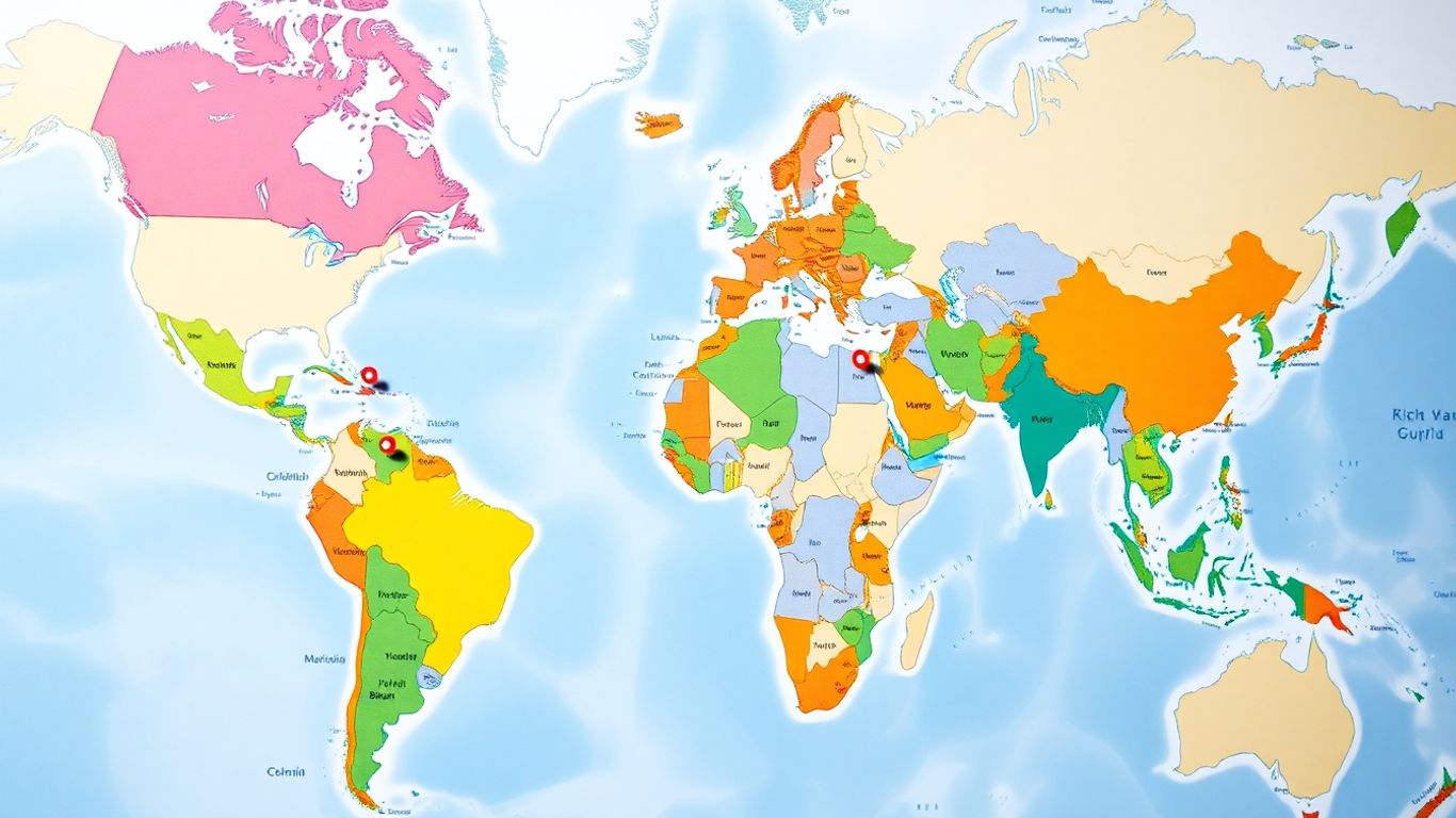 Mapa múndi com países que começam com O.