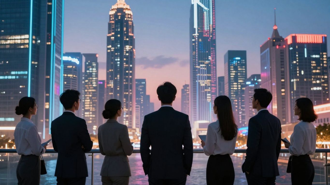 Futuristic finance professionals observing digital city.