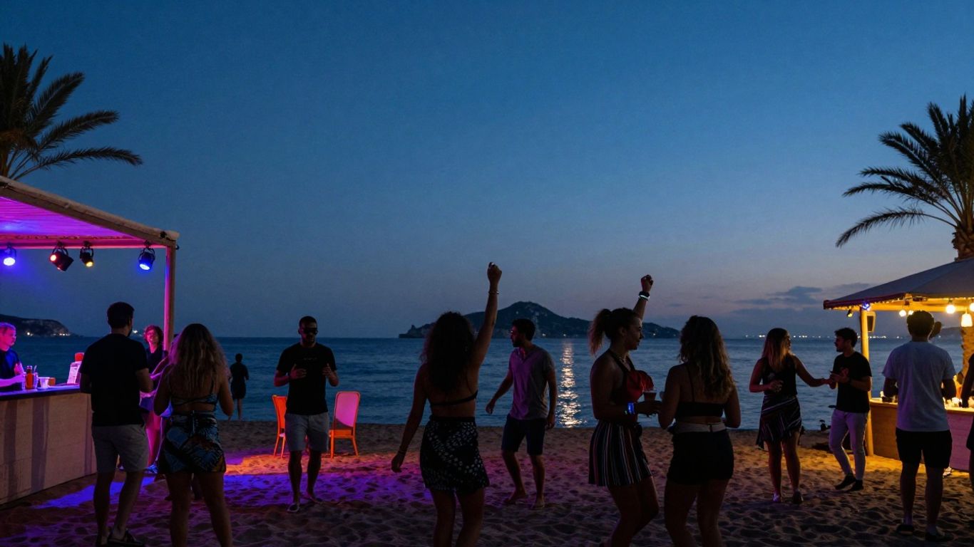 Ibiza beach party with dancing silhouettes at sunset.