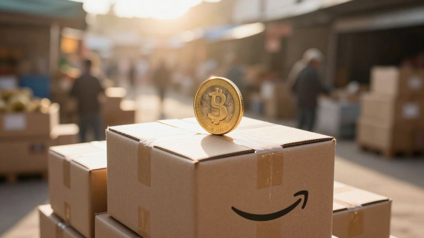 Amazon boxes with a golden coin, symbolizing income growth.