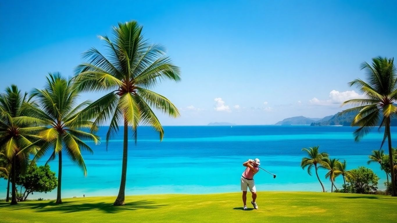 Golfer on a tropical island course overlooking the sea.