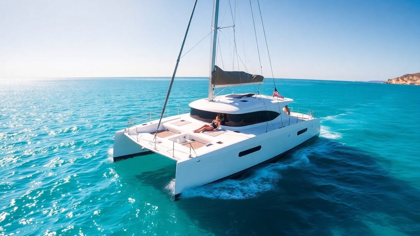 Catamaran sailing on turquoise water with couple relaxing