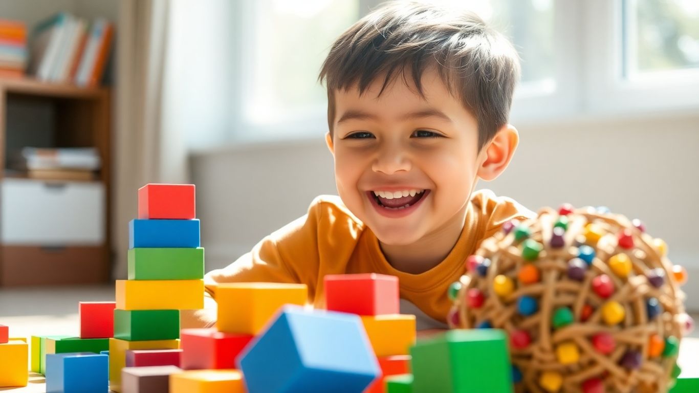 Boy happily playing with colorful sensory toys.
