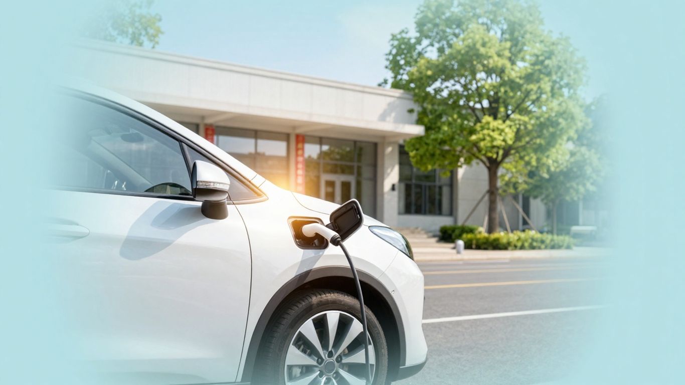 Voiture électrique branchée devant un bâtiment public.
