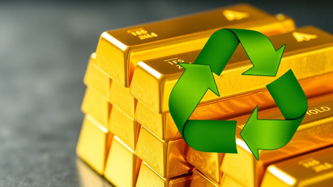 Goldbarren und Recycling-Symbol mit grünen Blättern.