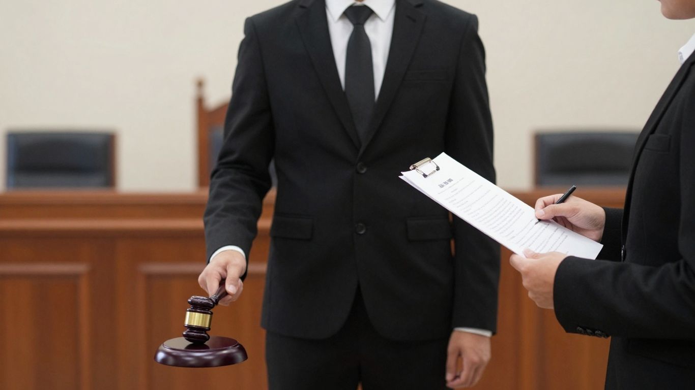 Attorney and lawyer in courtroom setting.