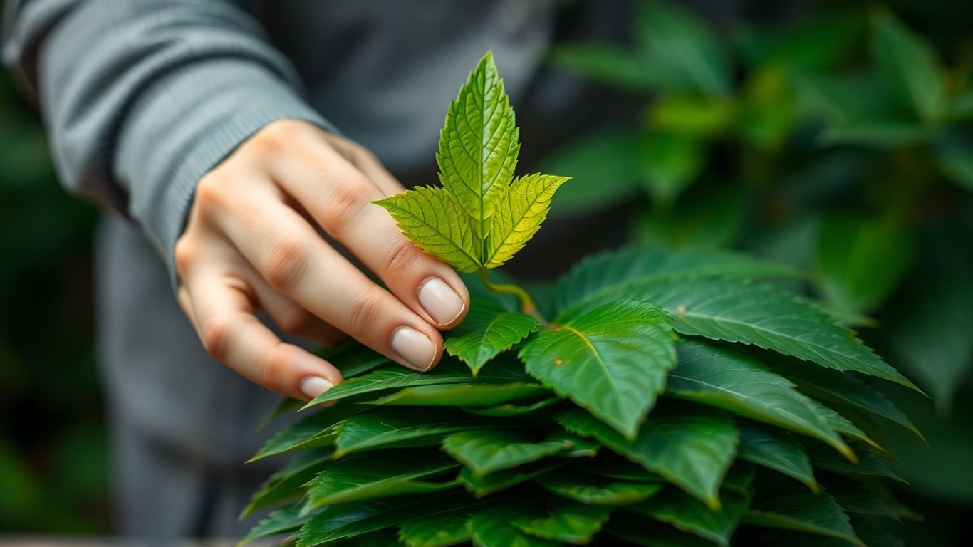 Hands adding a green leaf to a pile of leaves.