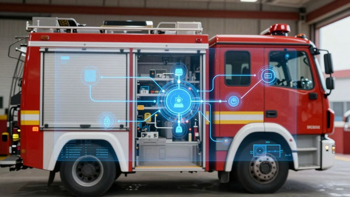 Fire department vehicle with digital interface showing data migration.