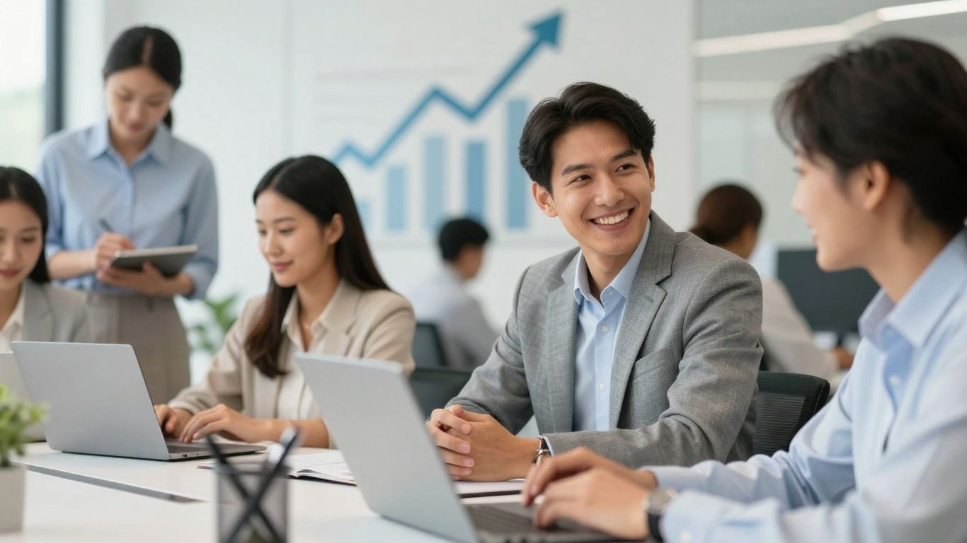 Pessoas trabalhando juntas em um escritório moderno e iluminado.