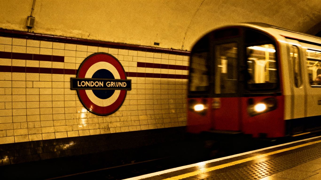 Vintage London Underground train at historic subway station.