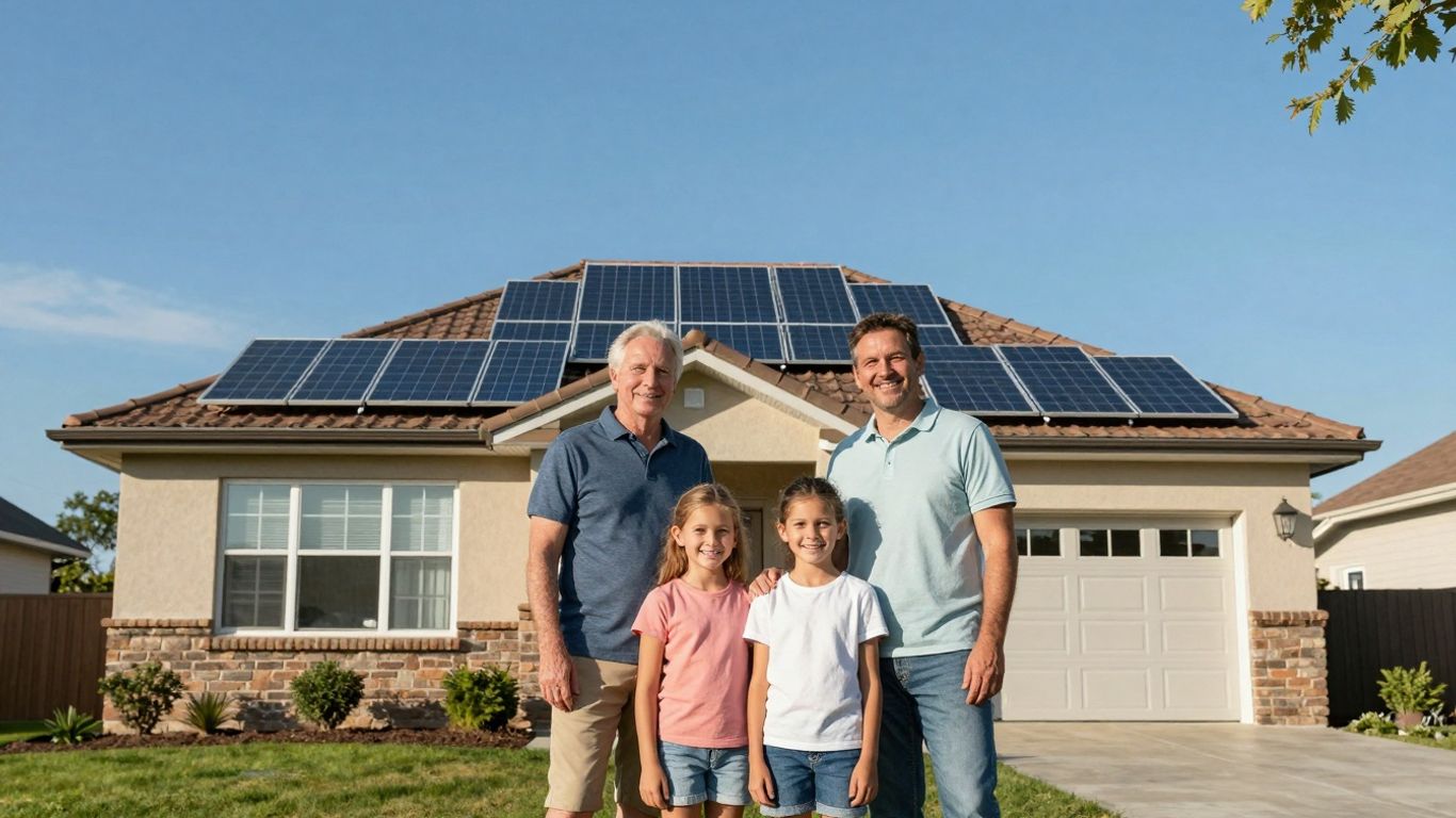 Family In Front Of Solar-Powered Home.