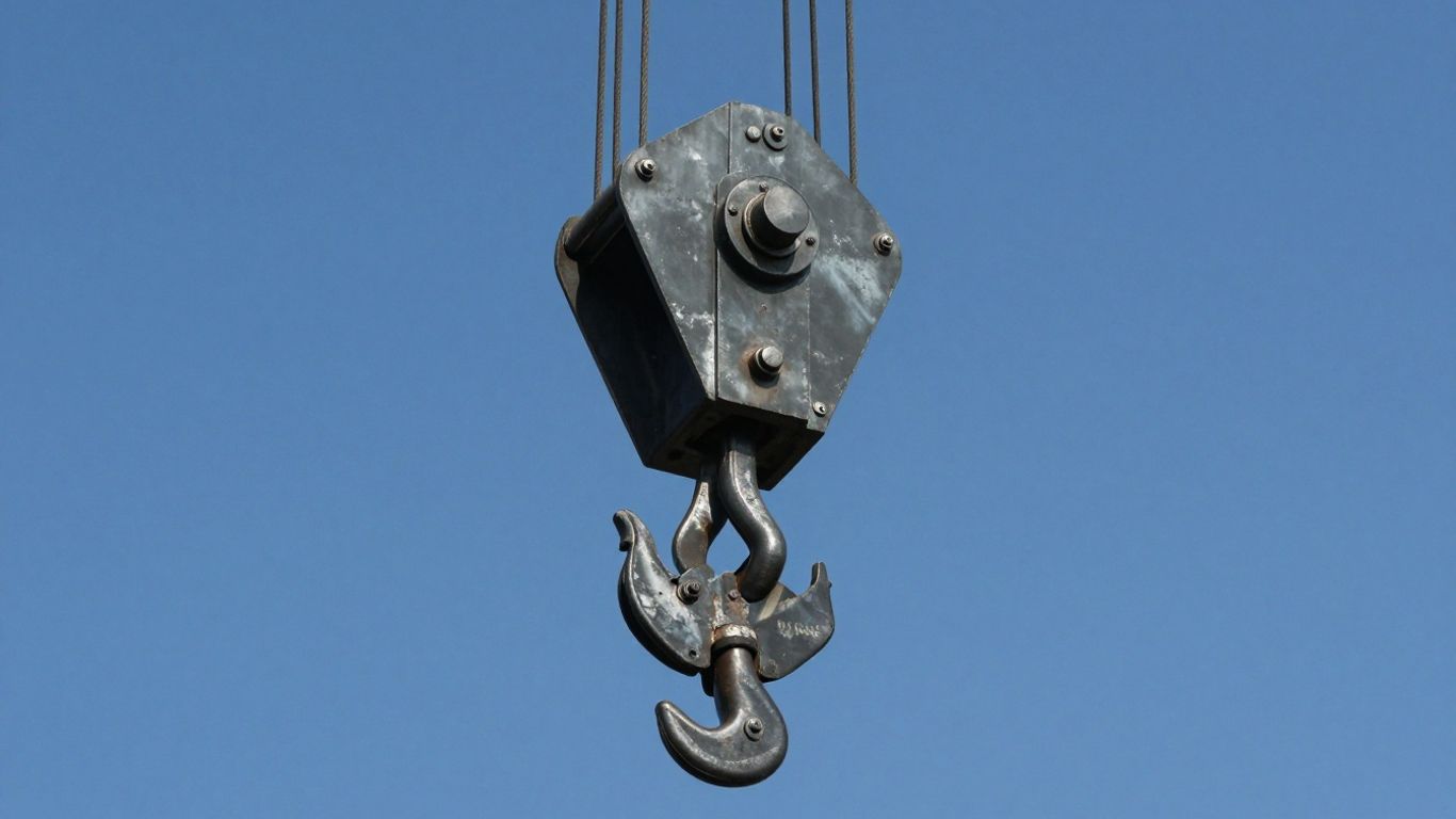 Crane hook and cables against a blue sky.
