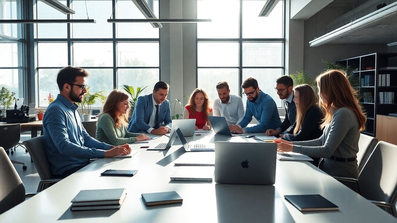 Diverse professionals collaborating in a bright, modern office.
